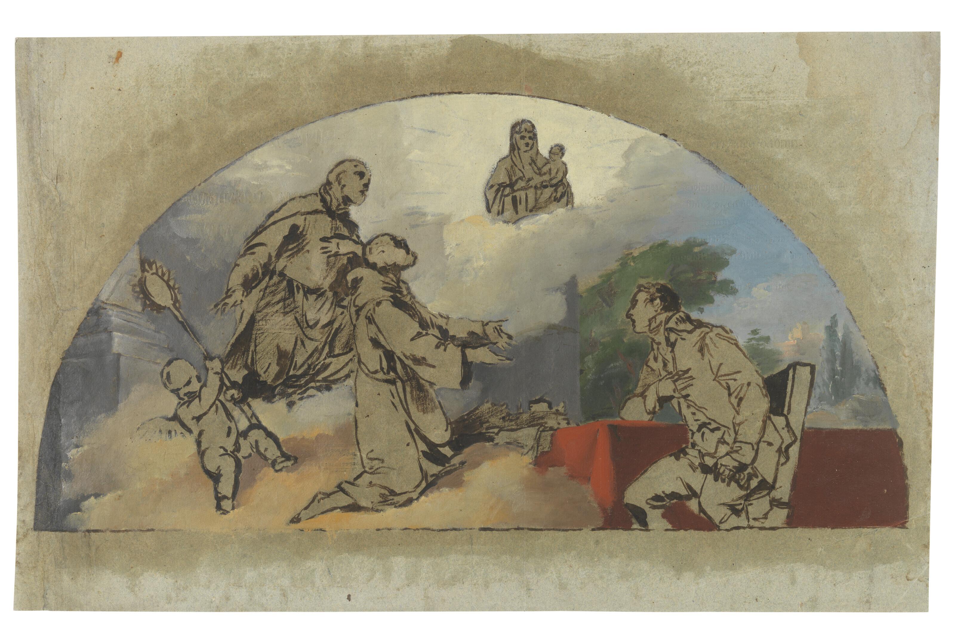 Pietro Fancelli - An officer experiencing a vision of the Madonna and Child appearing to Saint Anthony Abbot and another monk, inscribed in a lunette
