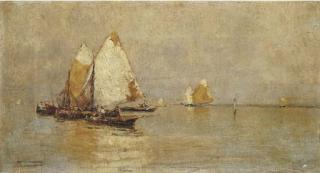 Pietro Fragiacomo - Barche in laguna, 1890 circa