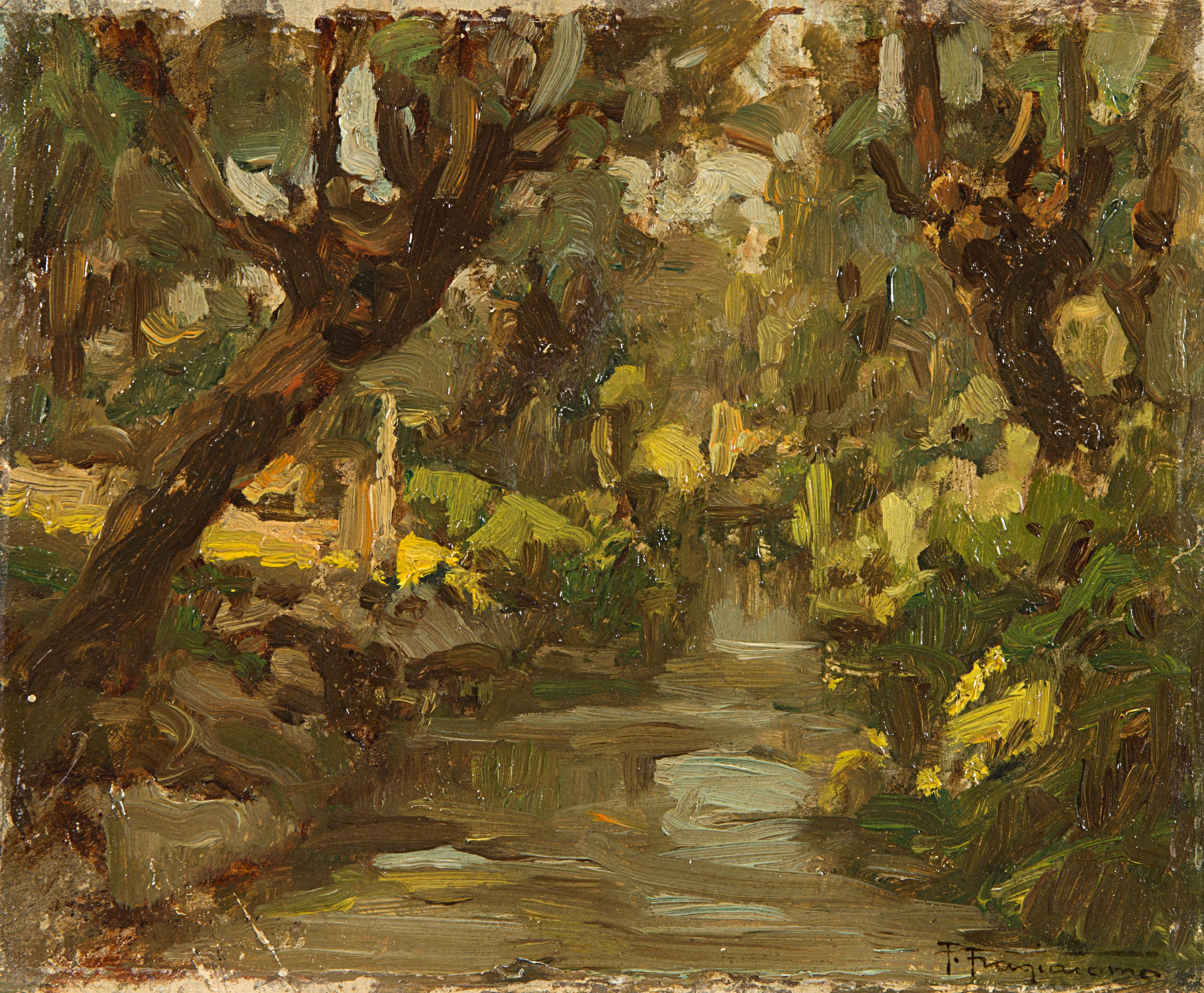 Pietro Fragiacomo - Scorcio con alberi e ruscello