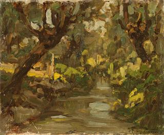 Pietro Fragiacomo - Scorcio con alberi e ruscello