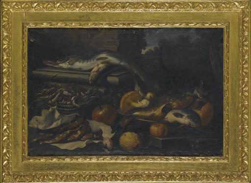 Pietro Francesco Cittadini - Luccio, triglie, melograno, funghi, un gatto e una rosa