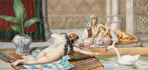 Pietro Gabrini - Young maidens feeding a swan