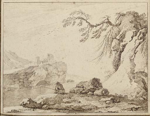 Pietro Giacomo Palmieri - An extensive landscape with a fisherman by a river, a castle seen on the far bank
