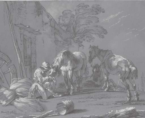 Pietro Giacomo Palmieri - Trois chevaux près d\'une ferme, un homme assis nourissant l\'un d\'eux