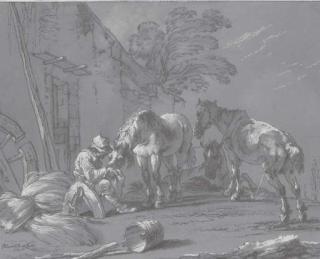 Pietro Giacomo Palmieri - Trois chevaux près d\'une ferme, un homme assis nourissant l\'un d\'eux