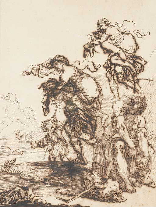 Pietro Giacomo Palmieri - Un Homme Portant Une Femme Sur Ses Épaules, Avec Une Étude Subsidiaire du Même Accompagné D\'Un Enfant, Un Voyageur Assis Au Premier Plan À Droite