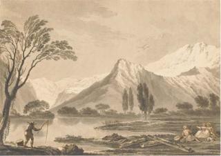 Pietro Giacomo Palmieri - Un Paysage Montagneux Avec Un Pêcheur Et Des Élégants Au Bord D\'Un Lac