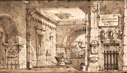Pietro Gonzaga - Two designs for the stage: The courtyard of a palace; and The fortified moat of a castle
