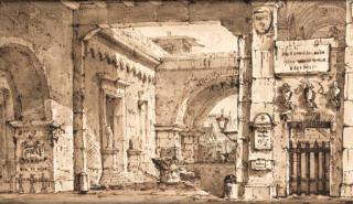 Pietro Gonzaga - Two designs for the stage: The courtyard of a palace; and The fortified moat of a castle