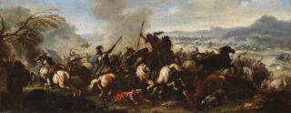 Pietro Graziani - A cavalry skirmish before an extensive landscape; and A cavalry skirmish before a landscape, a walled town in the distance (2)
