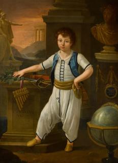 Pietro Labruzzi - Portrait of a Greek boy, full-length, in a classical setting