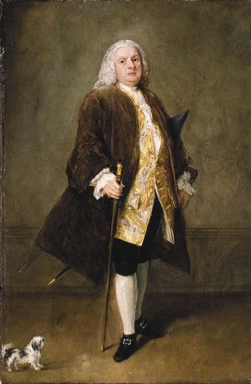 Pietro Longhi - Portrait of a gentleman, full-length, in a gold-embroidered waistcoat and brown coat, holding a cane, his dog beside him