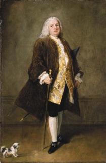 Pietro Longhi - Portrait of a gentleman, full-length, in a gold-embroidered waistcoat and brown coat, holding a cane, his dog beside him