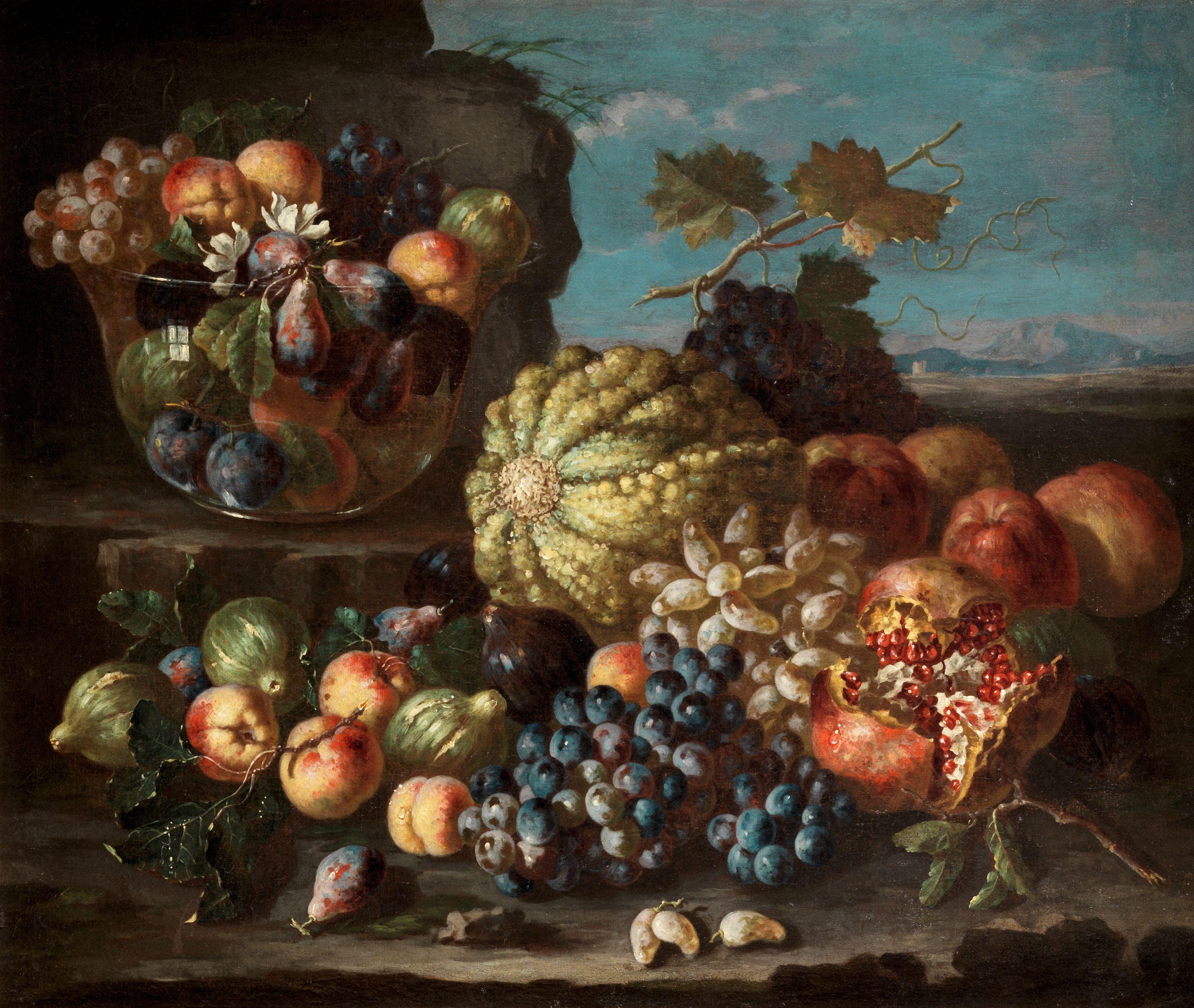 Pietro Navarra - Peaches, figs and plums on a silver dish beside a tazza of sweetmeats, grapes and wine; and A melon, grapes, peaches and pomegranates before a glass bowl of fruit, a landscape beyond