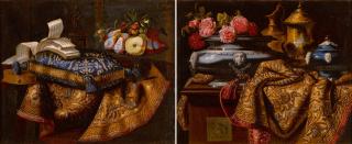 Pietro Navarra - Still Life With Carpets, Fruit And Musical Scores; And Still Life With Carpets And Flowers In A Vase
