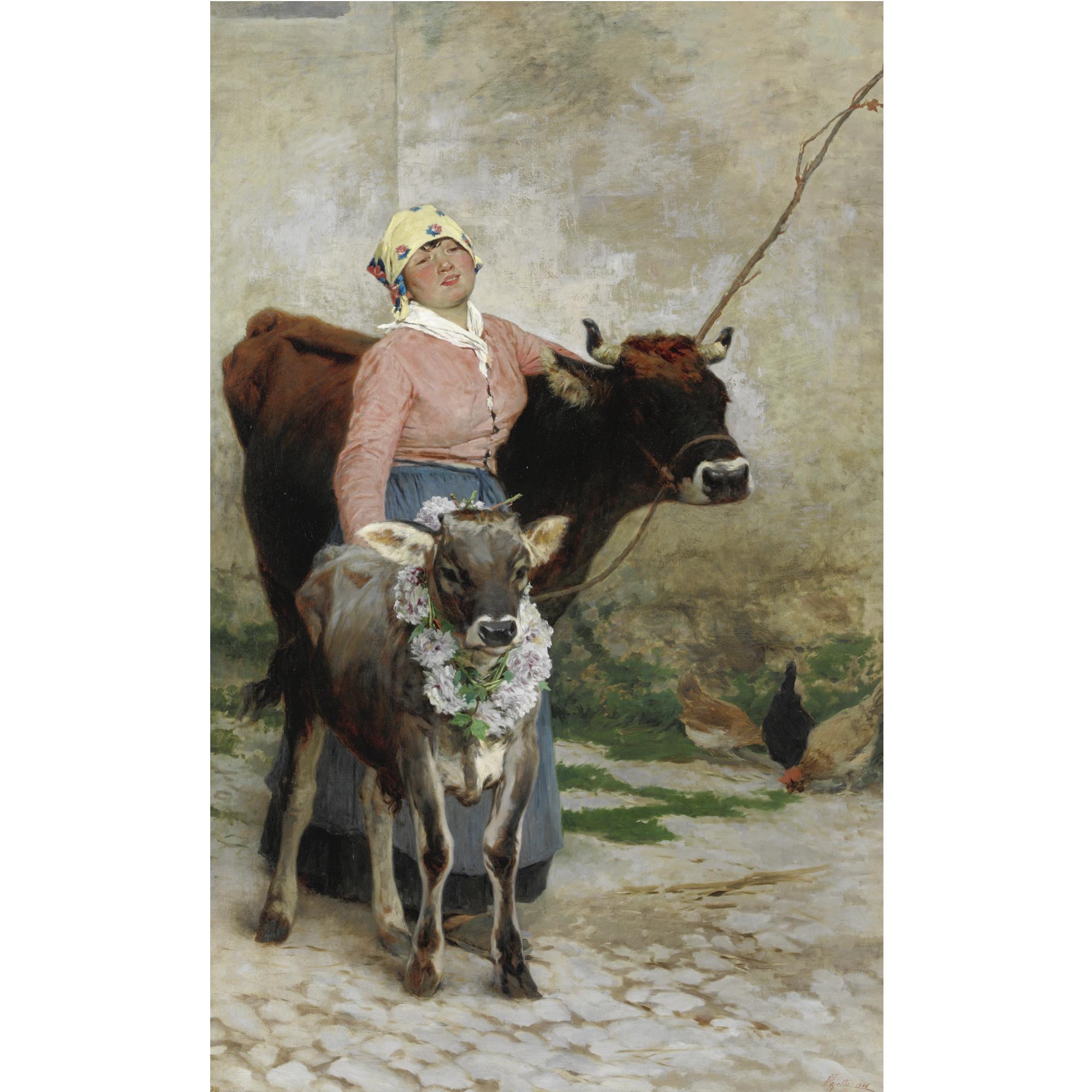 Pietro Pajetta - Fanciulla Con Mucca E Vitello