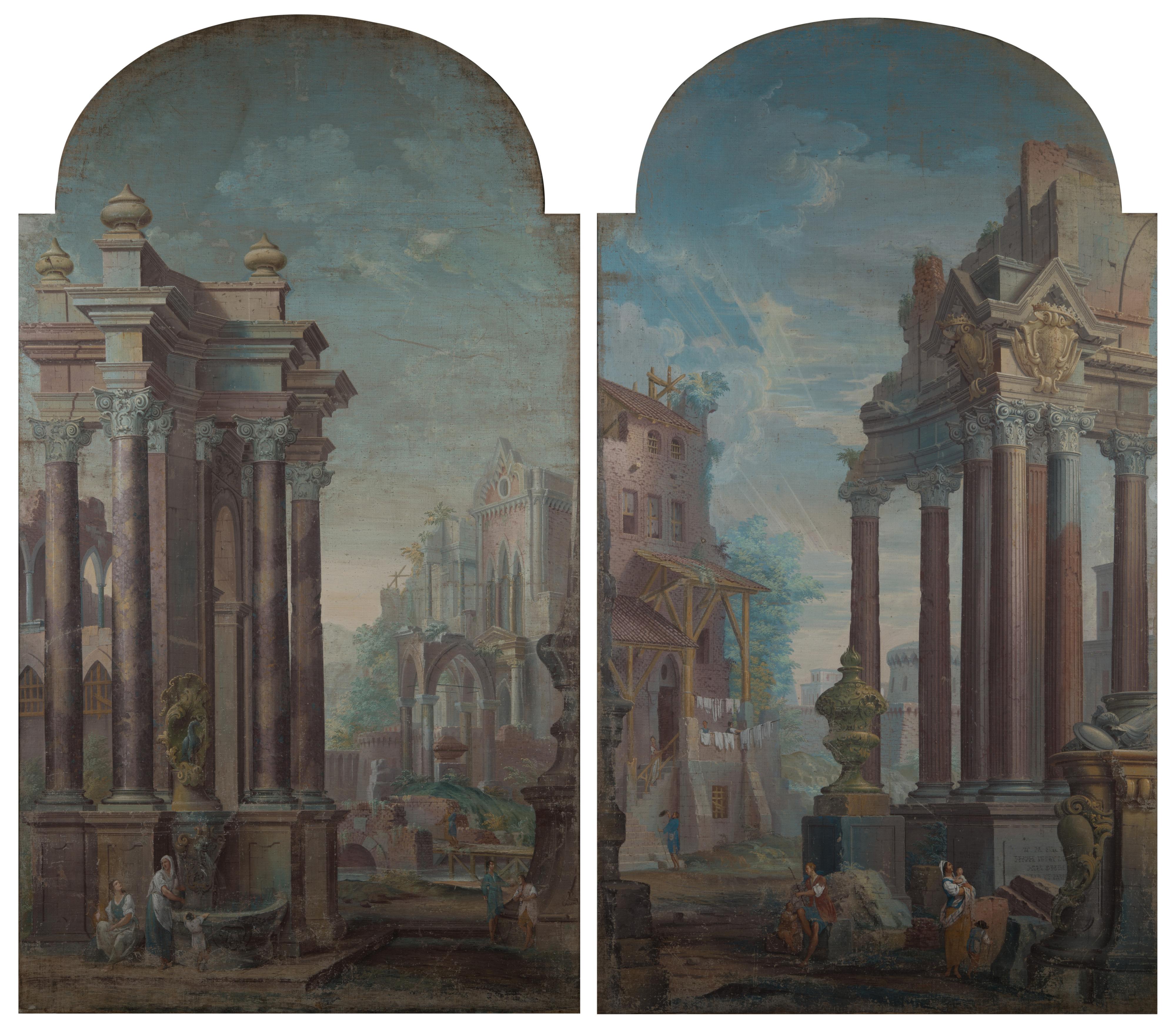 Pietro Paltronieri - Coppia di pannelli a tempera sagomata, raffiguranti scena di vita in un paesaggio architettonico con rovine classiche. In cornici laccate bianche (cm 289x165) (difetti); questo lotto è pendant con il lotto 125.