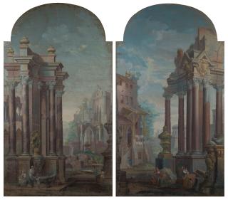 Pietro Paltronieri - Coppia di pannelli a tempera sagomata, raffiguranti scena di vita in un paesaggio architettonico con rovine classiche. In cornici laccate bianche (cm 289x165) (difetti); questo lotto è pendant con il lotto 125.
