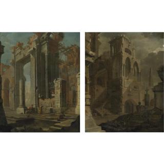 Pietro Paltronieri - Ruins Of A Gothic Church With A Tombstone And Figures; Classical Ruins With Figures Before A Pool