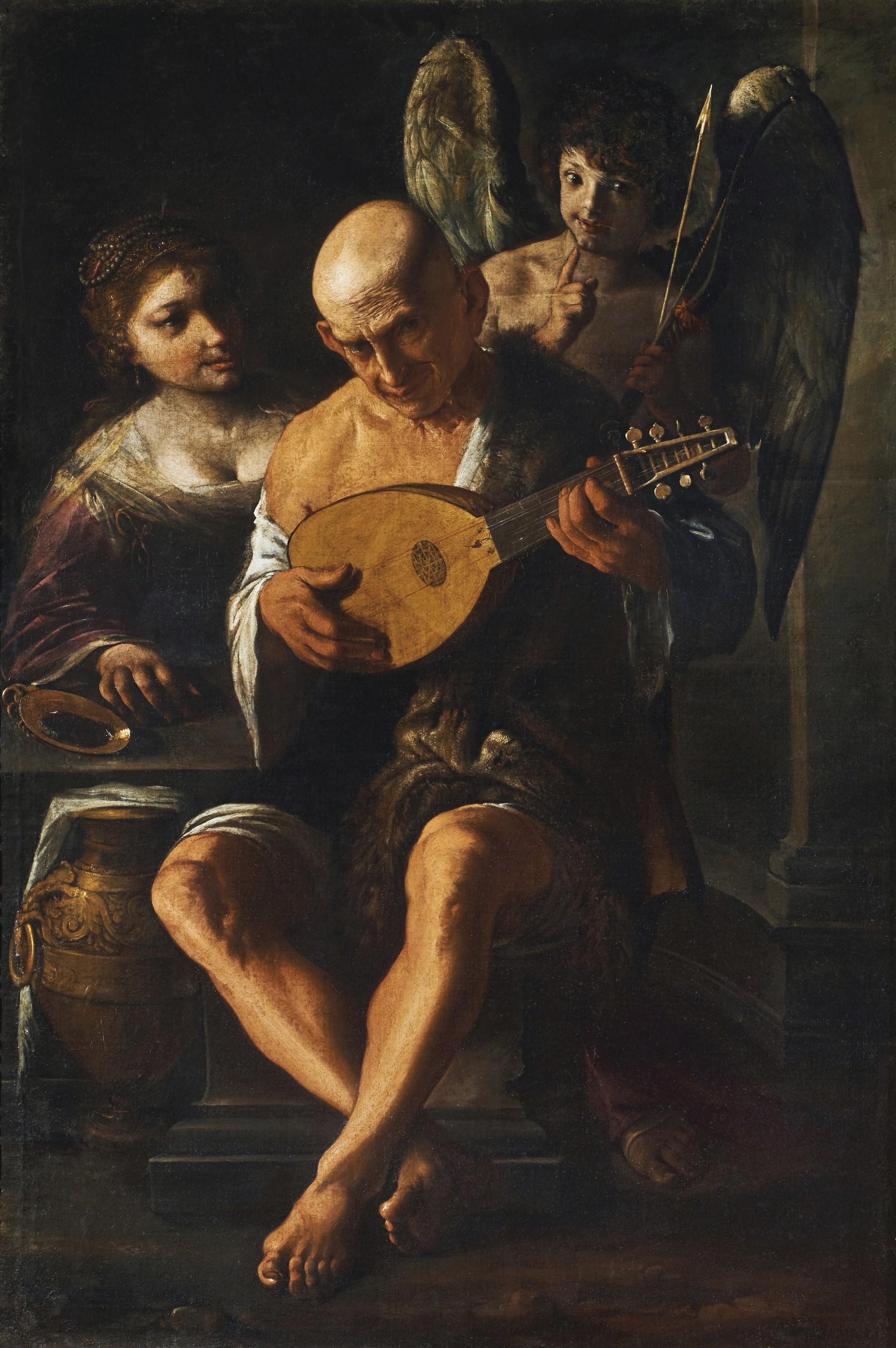 Pietro Paolini - An Elderly Man Playing The Guitar With A Woman And A Putto In Attendance