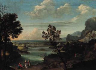 Pietro Paolo Bonzi - An extensive river landscape with the Finding of Moses