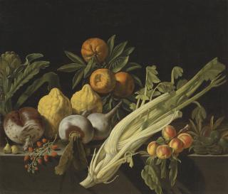 Pietro Paolo Bonzi - Fruit and vegetables on a ledge