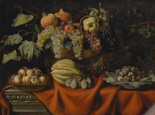 Pietro Paolo Bonzi - Still Life With Grapes, Peaches, Pomegranates, Apples, Melon And Figs, All On A Marble Ledge 