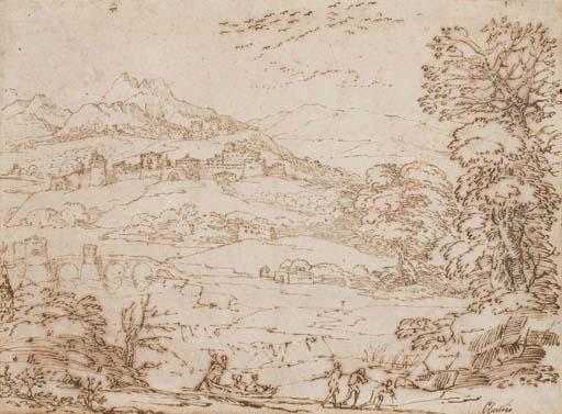 Pietro Paolo Bonzi - Une barque tirée par trois hommes aux abords d\'un village sur une colline