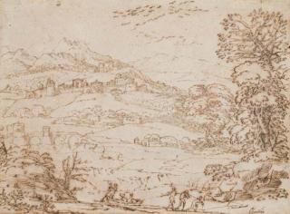 Pietro Paolo Bonzi - Une barque tirée par trois hommes aux abords d\'un village sur une colline