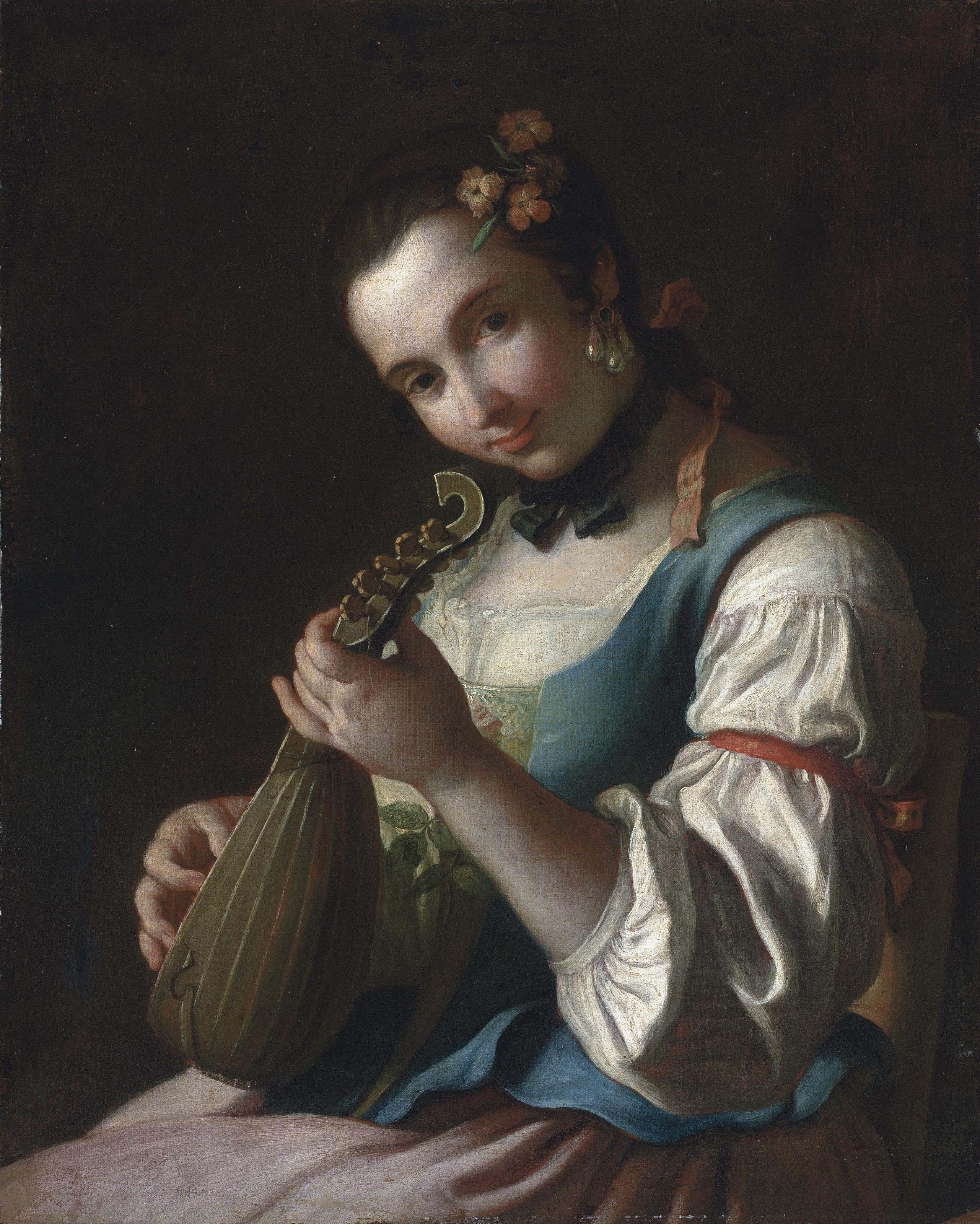 Pietro Rotari - A young woman, half-length, in rural dress, playing a lute