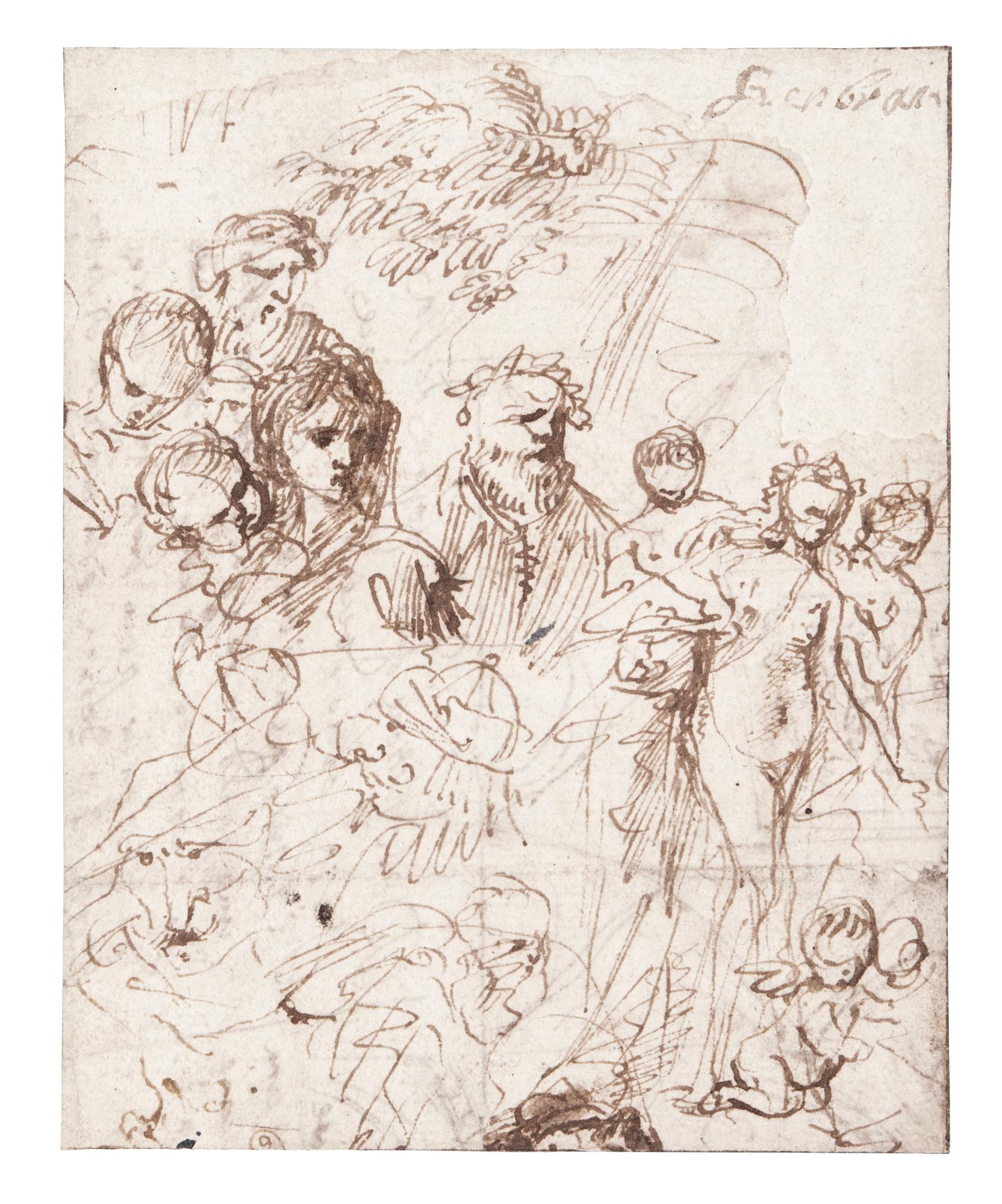 Pietro Testa - A Sheet Of Various Pen And Ink Sketches Including A Winged Putto, Two Caricatural Head Studies, A Branch Of A Tree And Three Nude Figure Studies