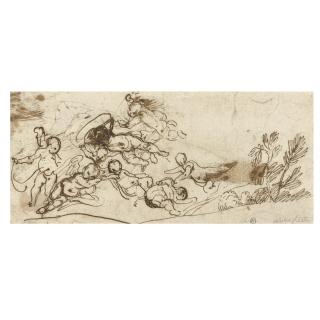 Pietro Testa - Sketches Of Putti Flying Above A Landscape