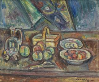 Pinchus Krémègne - Still life with basket, jug and fruit