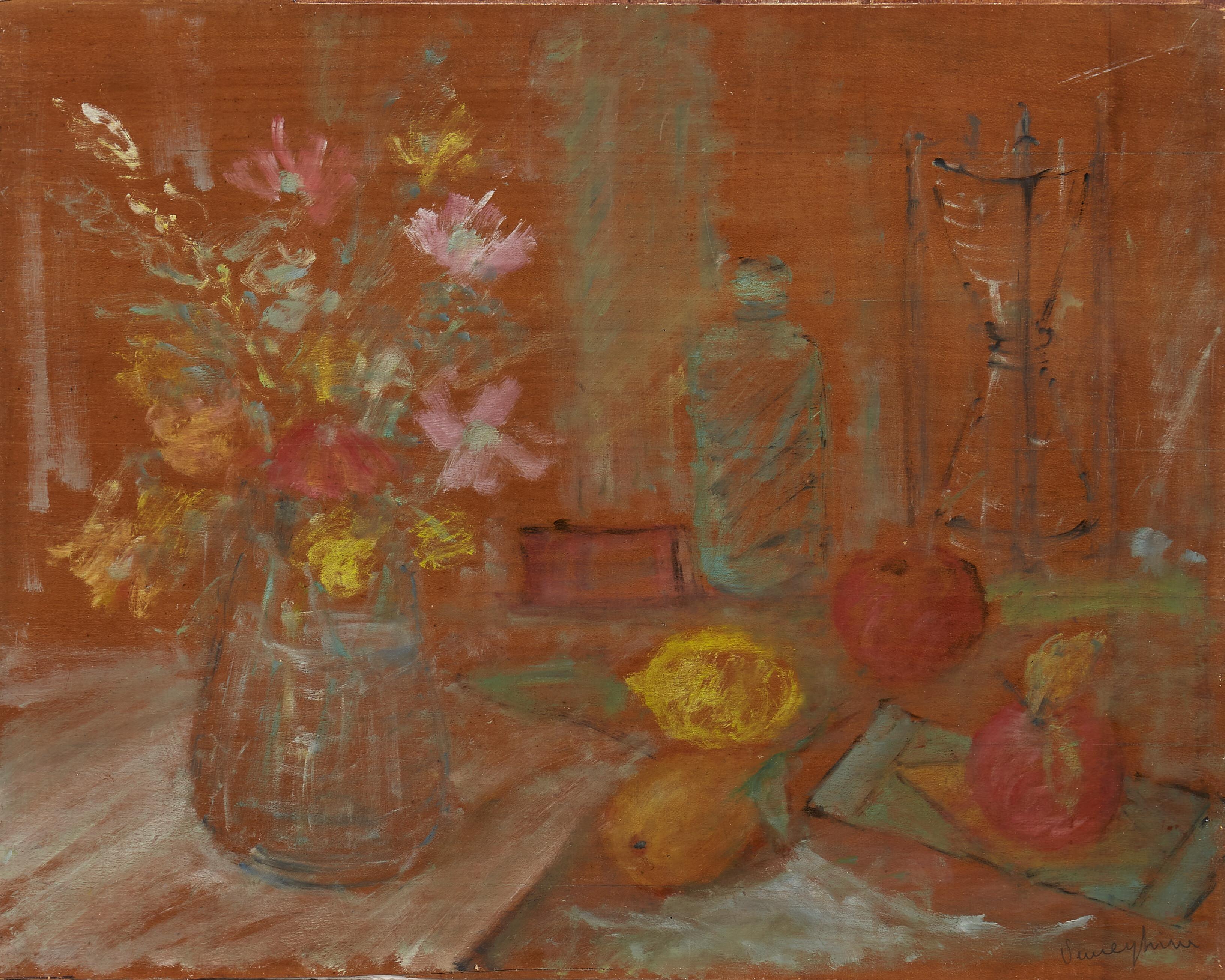 Pio Semeghini - Composizione con fiori, frutta e clessidra