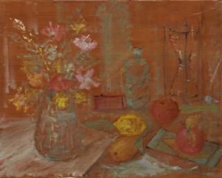 Pio Semeghini - Composizione con fiori, frutta e clessidra