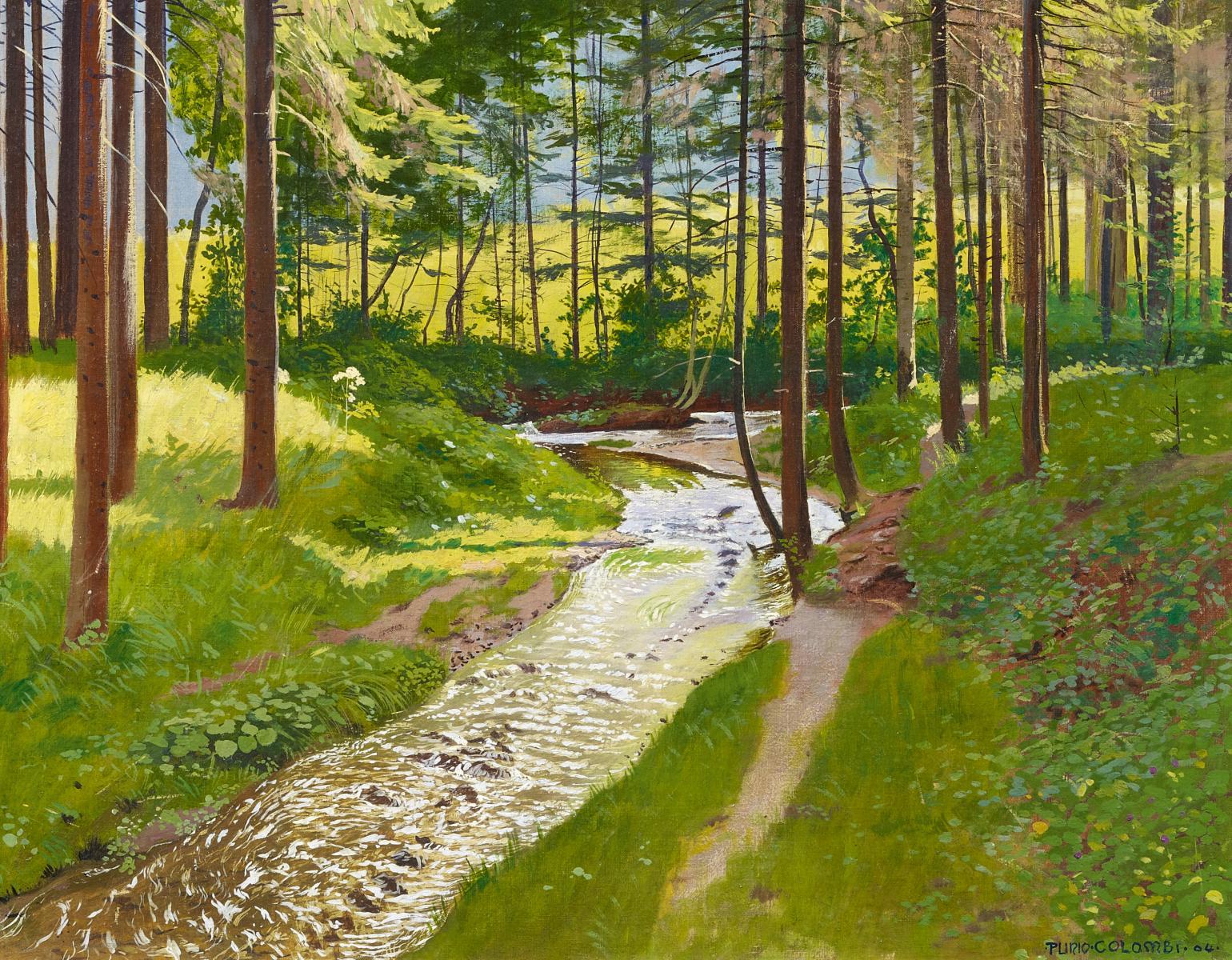 Plinio Colombi - Sommerlicher Wald mit Bachlauf