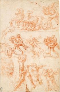 Polidoro Caldara - Recto: Sheet Of Studies With The Rape Of Proserpina, A Head Study And Two Sketches For Two Figures Of An Executioner And His Left Leg  Verso: An Allegorical Female Figure Flanked By Two Other Winged Figure