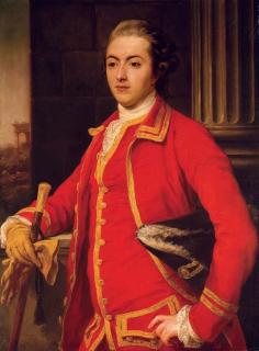 Pompeo Batoni - Portrait of a gentleman, said to be John Sadler, half-length, in a red coat, holding a cane and glove in his right hand, a tricorn hat under his left arm, a landscape beyond