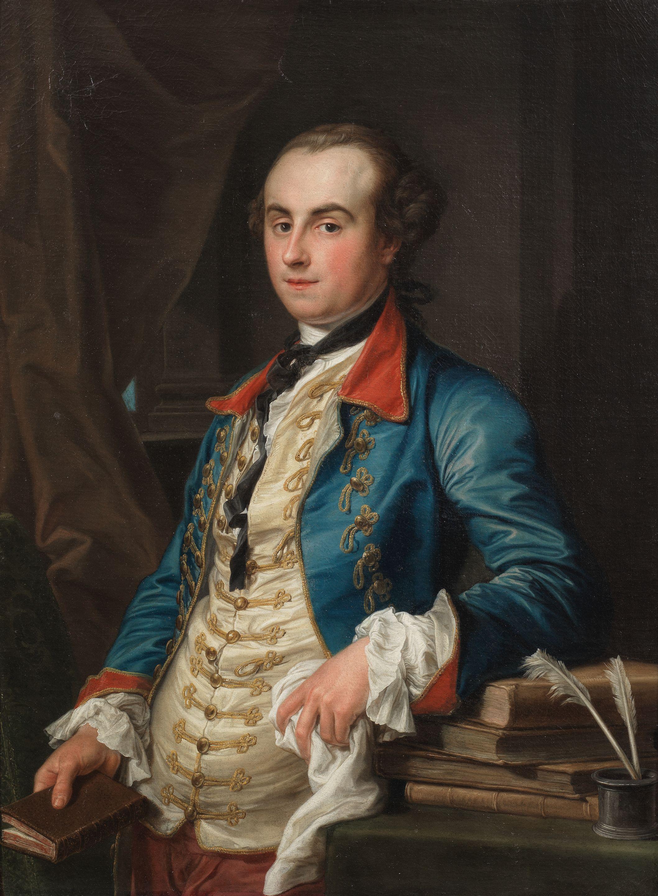 Pompeo Girolamo Batoni - Portrait of Edward Solly, half length, in a blue coat and cream waistcoat, standing beside a table