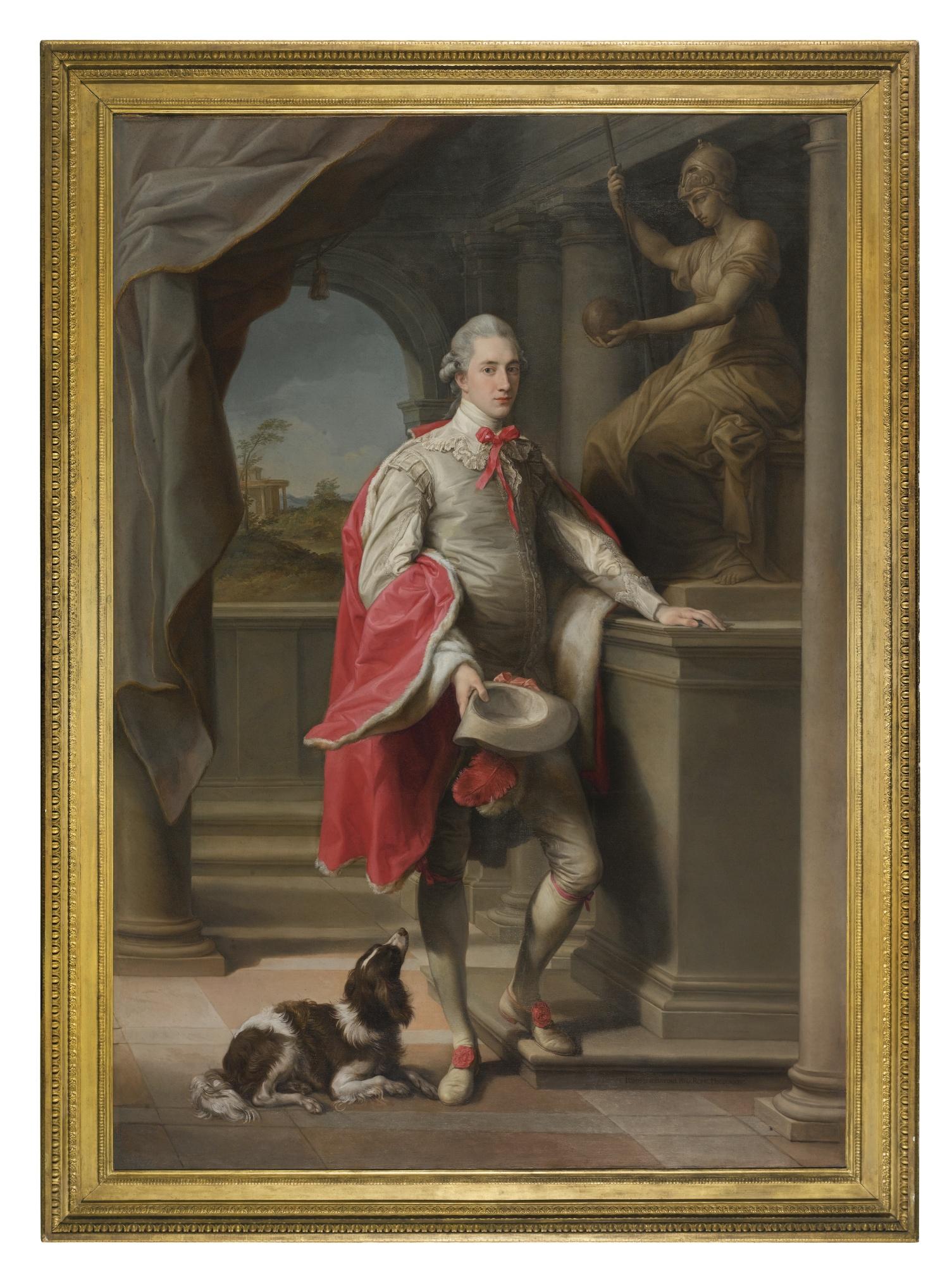Pompeo Girolamo Batoni - Portrait Of John, 3Rd Baron Monson Of Burton (1753–1806), With A Statue Of Roma Behind And A Spaniel At His Feet
