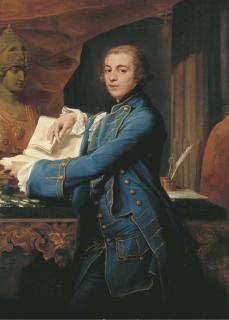 Pompeo Girolamo Batoni - Portrait of John Crewe, later 1st Baron Crewe (1742-1829), three-quarter-length, in a gold-embroidered blue coat and waistcoat, holding a book, by a marble-topped table with a bust of Minerva, in an interior