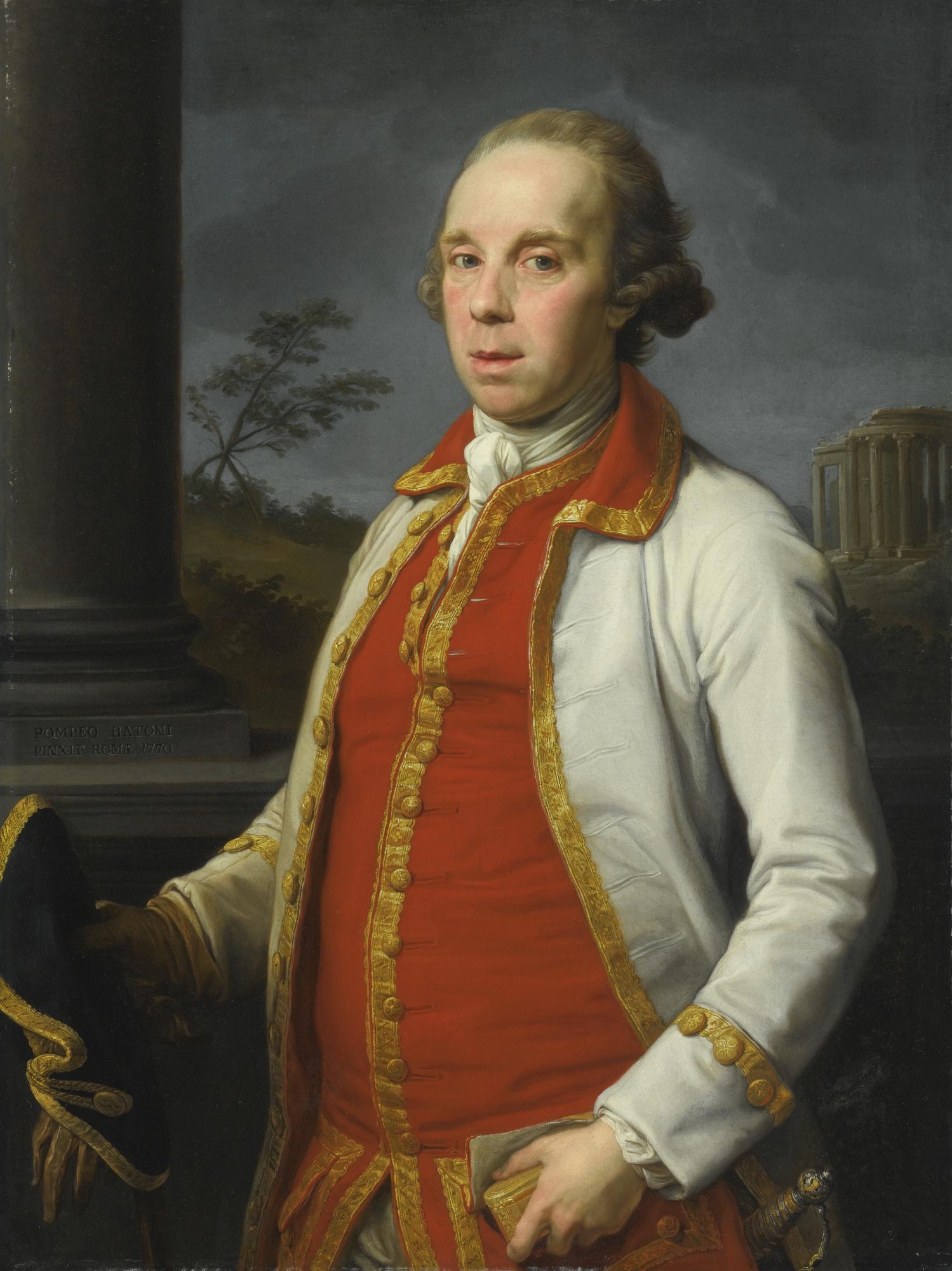 Pompeo Girolamo Batoni - Portrait Of Robert Udny (1722-1802), Half Length, Before A Parapet, The Temple Of The Sybil At Tivoli Beyond