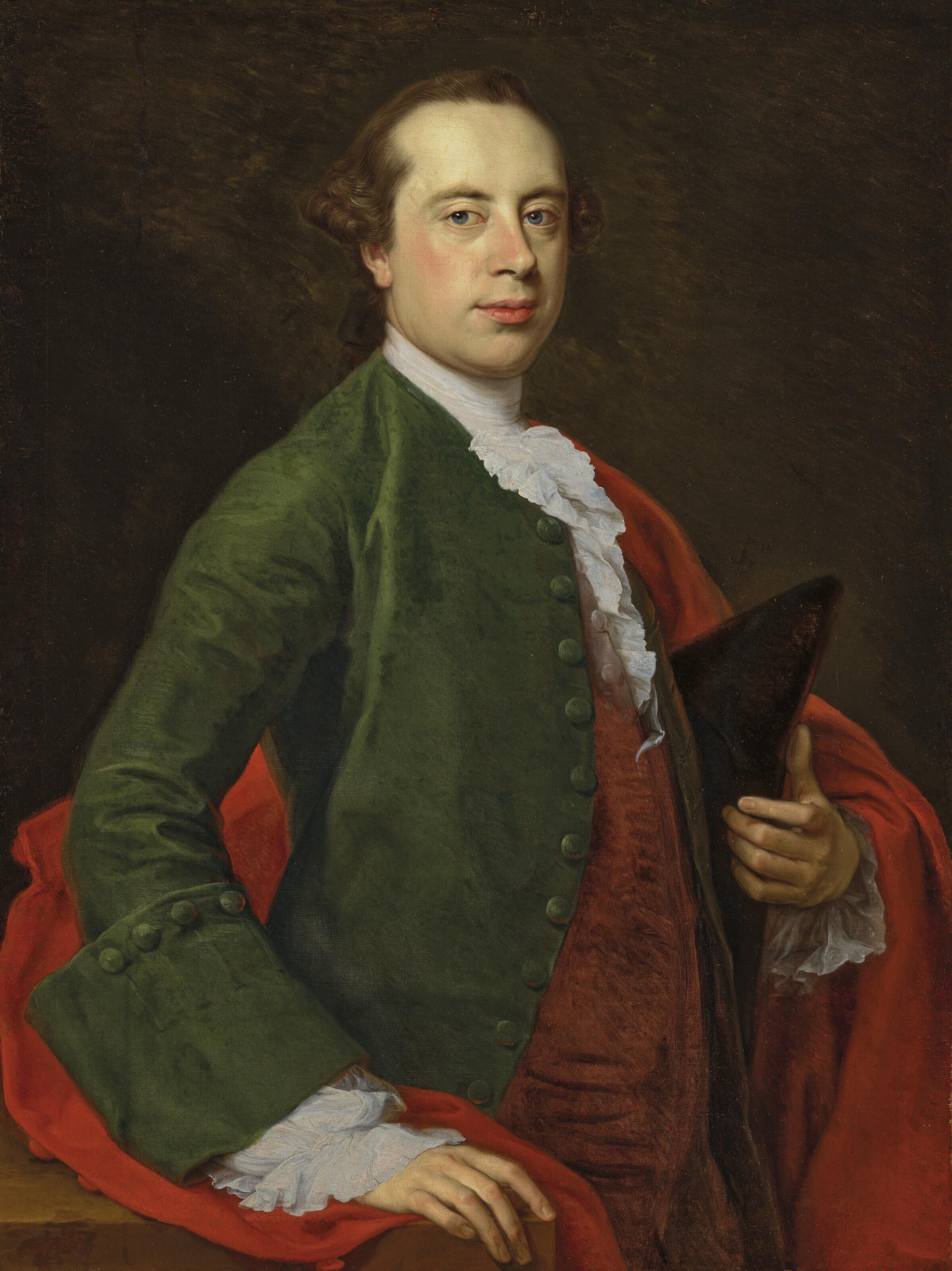 Pompeo Girolamo Batoni - Portrait of Sir Henry Mainwaring (1726-1797), half-length, in a green coat and red waistcoat, holding a tricorne in his left hand