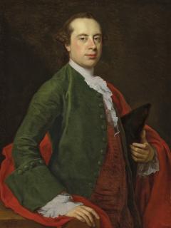 Pompeo Girolamo Batoni - Portrait of Sir Henry Mainwaring (1726-1797), half-length, in a green coat and red waistcoat, holding a tricorne in his left hand
