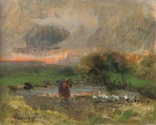Pompeo Mariani - Tending to the geese at dusk