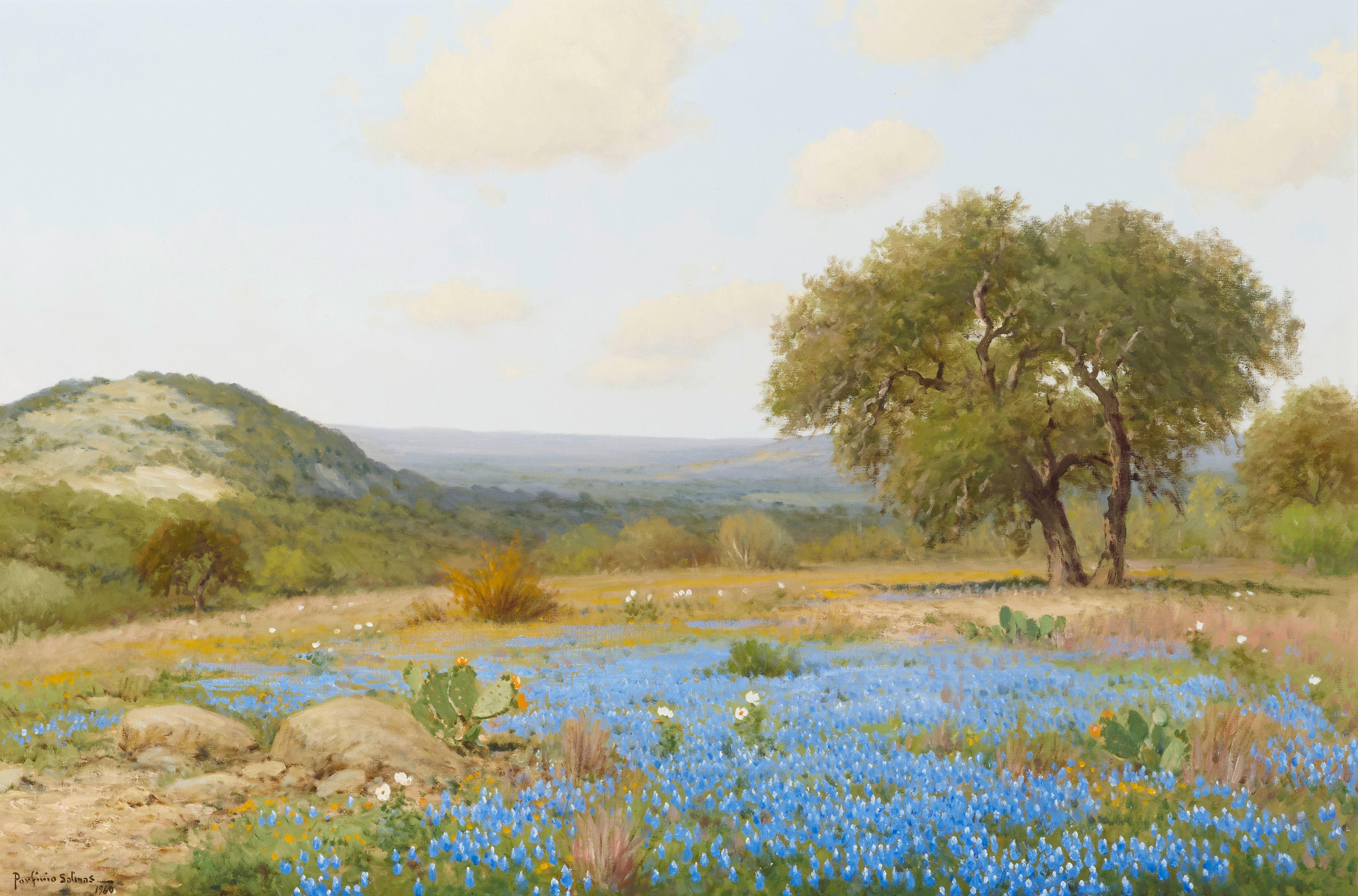 Porfirio Salinas - Texas Bluebonnet Landscape 24 x 36 in. framed 31 x 43 in.