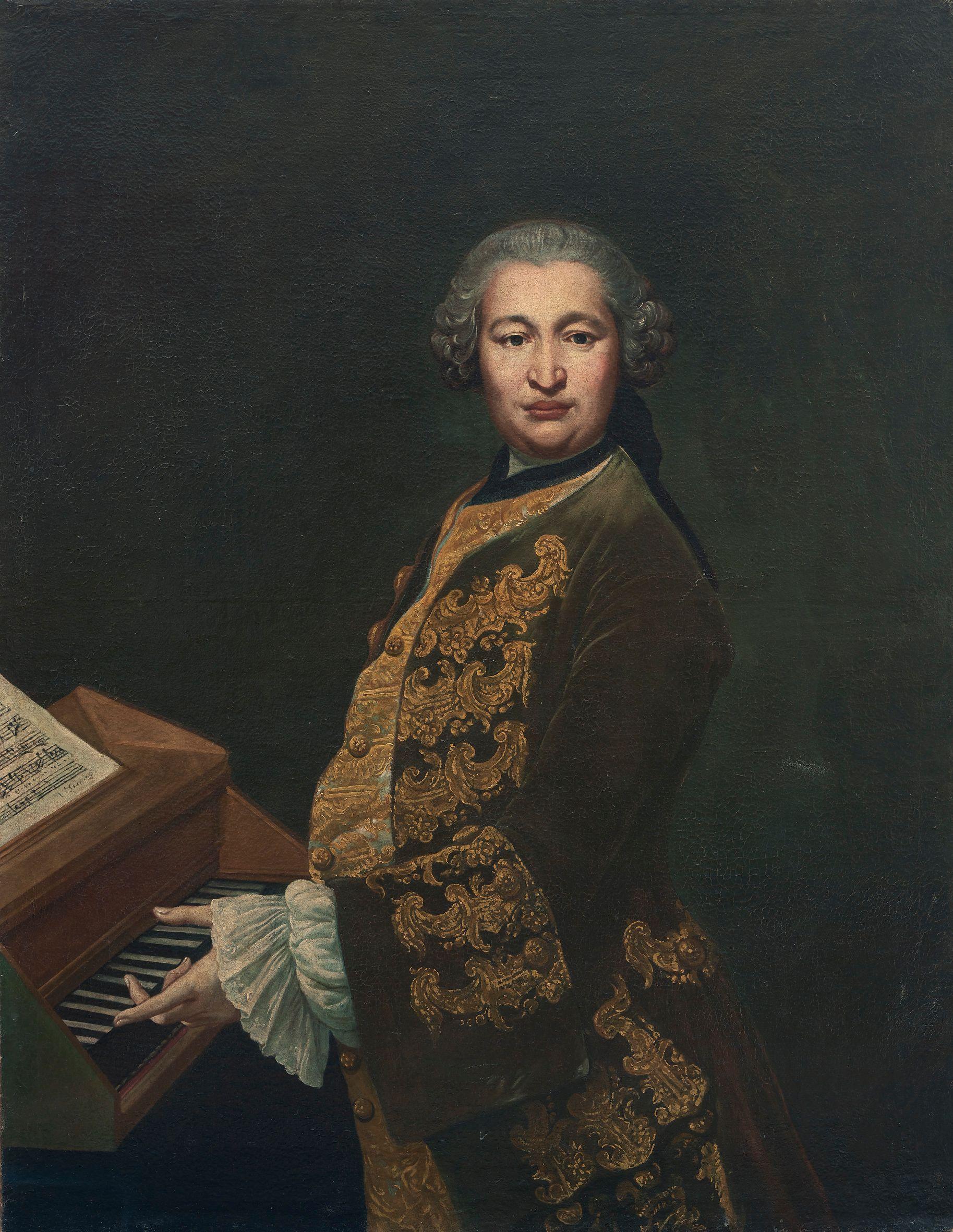 Portrait d\'un castrat, supposé être Carlo Boschi, dit le Farinelli, avec une partition de Scarlatti