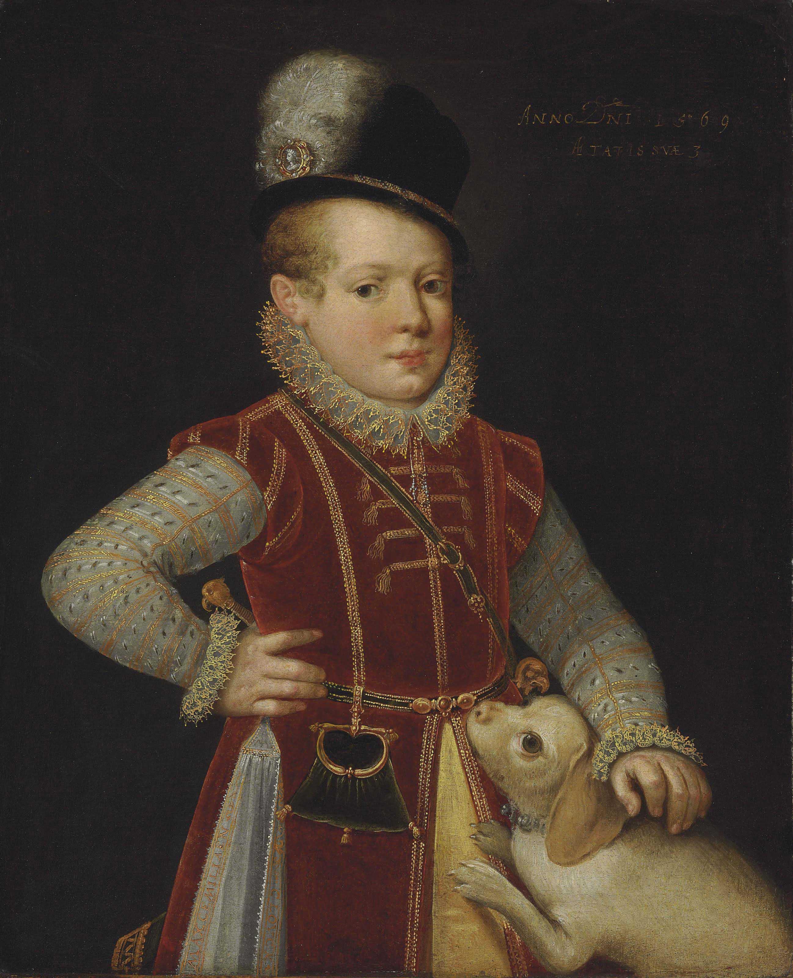Portrait Of A Boy, Traditionally Identified As Emperor Maximilian, Standing Three-Quarter-Length, With A Dog