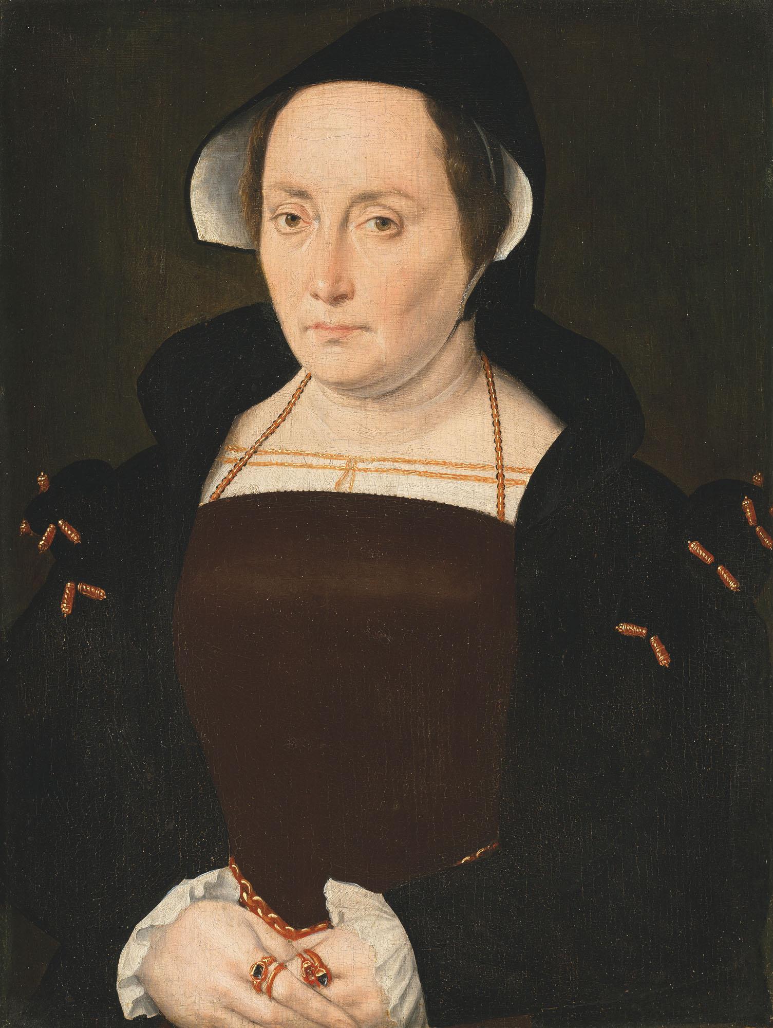 Portrait of a lady, traditionally identified as Katherine of Aragon (1485-1536), first wife of King Henry VIII, half-length in a brown corset and black gown