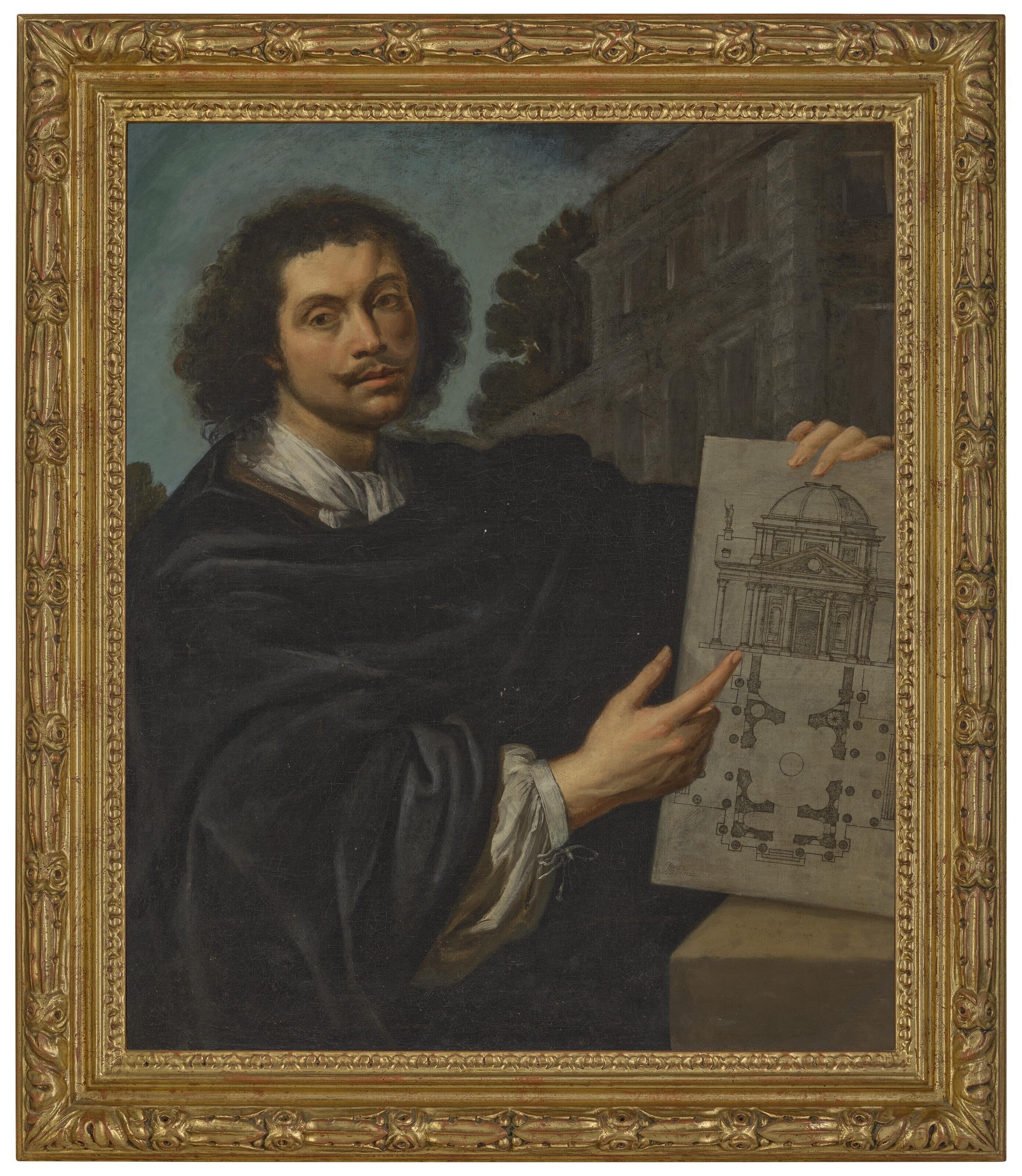 Portrait of an architect, possibly Carlo Fontana (1634/38–1714), half-length, in a black cape over a white shirt, holding the plan of a church